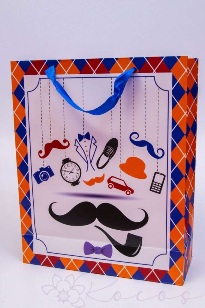 Punga cadou latime 26cm, lungime 32cm, culoare albastru model carouri elemente barbatesti