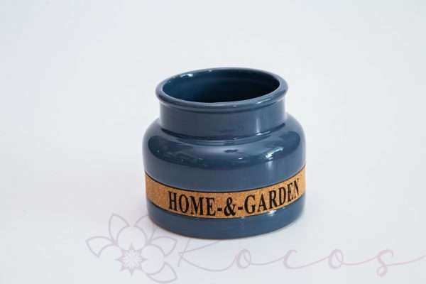 Ghiveci din ceramica cu accesoriu din pluta printat, lat 8.5cm, lg8cm, albastru
