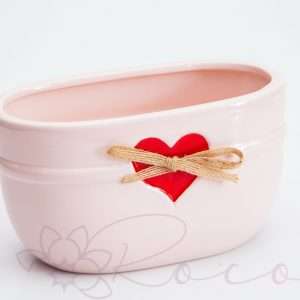 Ghiveci din ceramica oval cu inimioara si fundita natur, lg10cm,lat18cm,roz