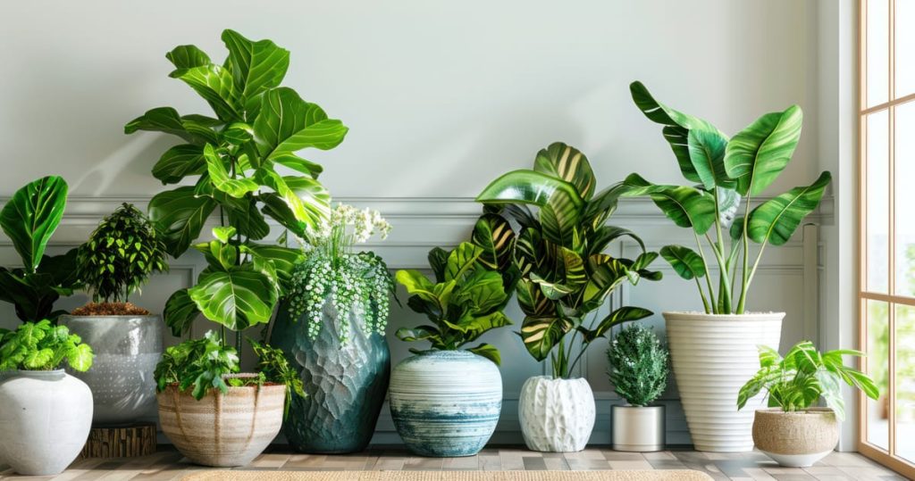 Noua ghivece cu plante verzi asezate langa un perete gri.